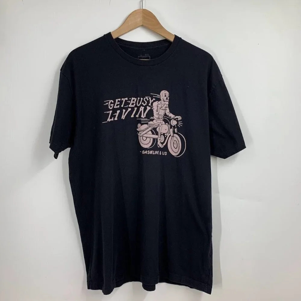 Gasoline & US Men's Get Busy Livin Skelton Motorcycle Chopper T‎ Shirt Size XL